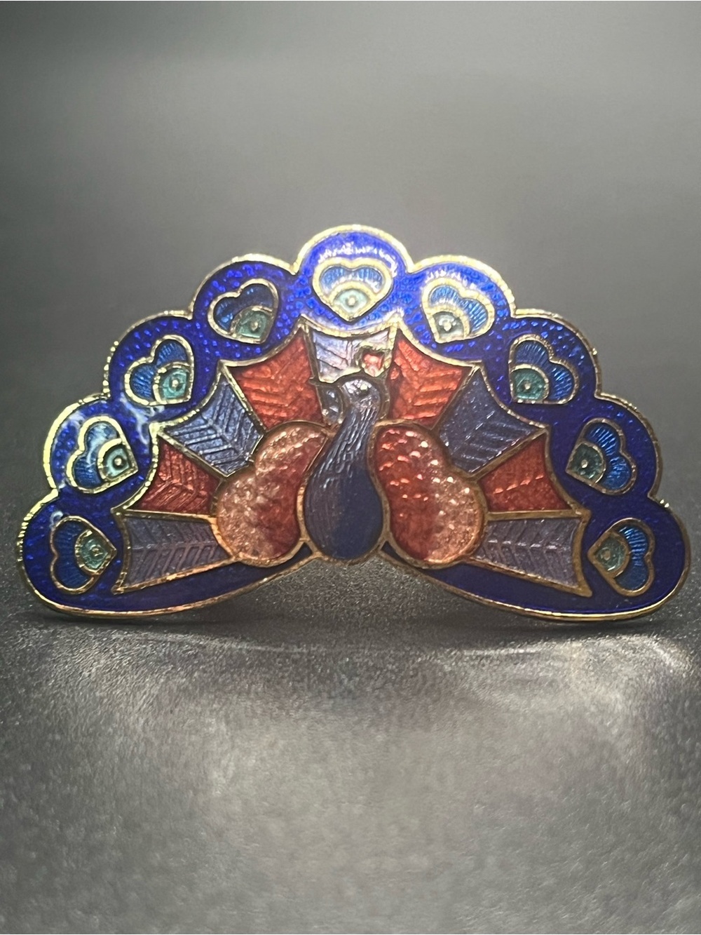 Vintage Cloisonné Peacock Adjustable Ring Blue Enamel Gold Tone